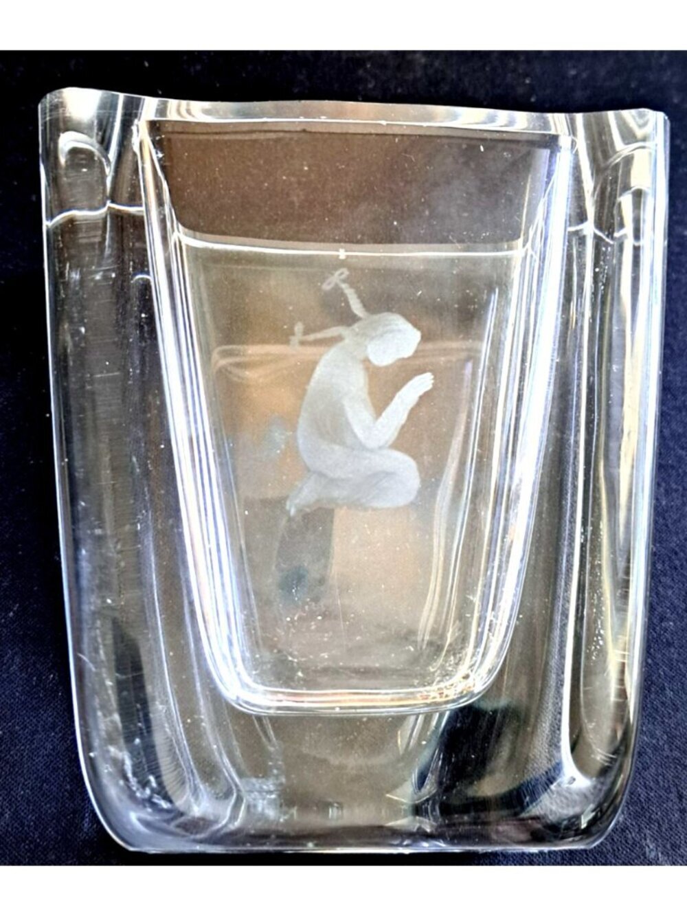 Vintage Skruf Sweden MCM Art Glass Lead Crystal Etched Vase Praying Girl Signed